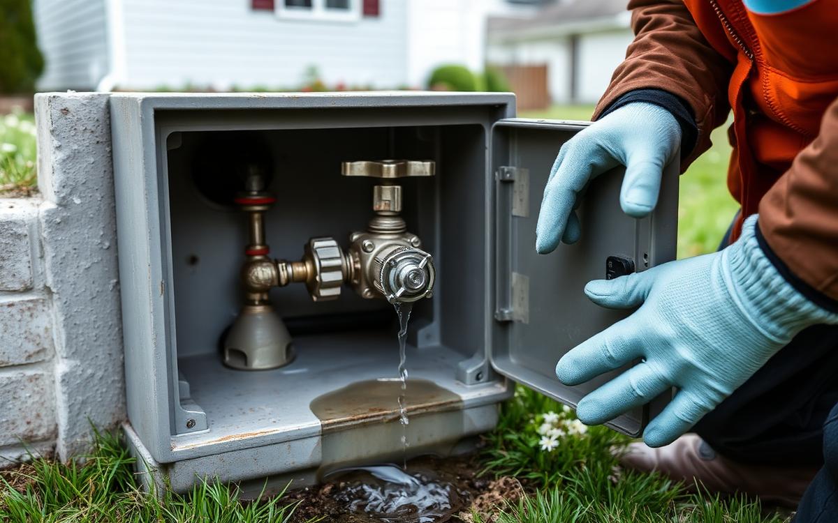 Sprinkler valve box with water pooling from a leak while a gloved technician opens the lid