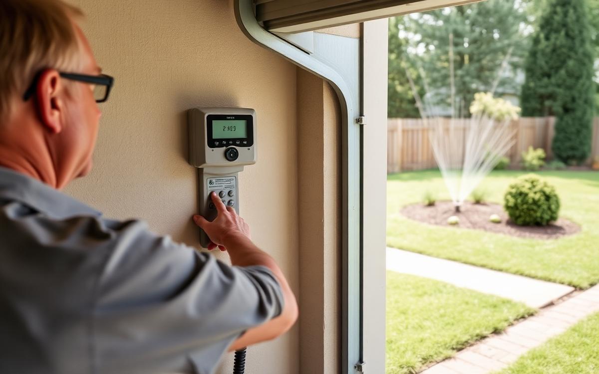 Homeowner adjusting a sprinkler controller on a garage wall while watching the lawn outside