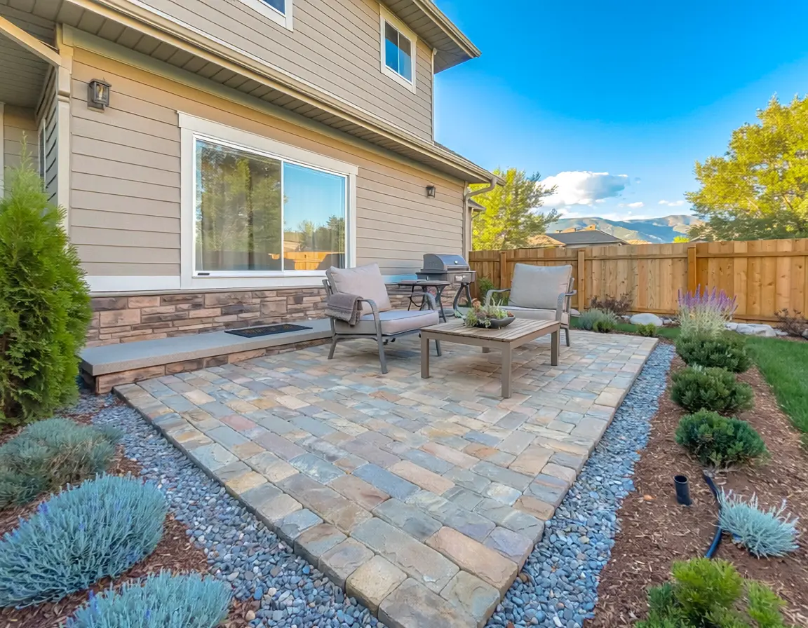 Small backyard paver patio with outdoor seating and grill in a Denver-area home
