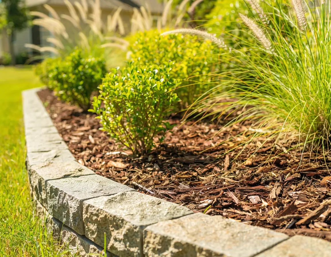 Stone edging around a mulched planting bed with shrubs and ornamental grasses