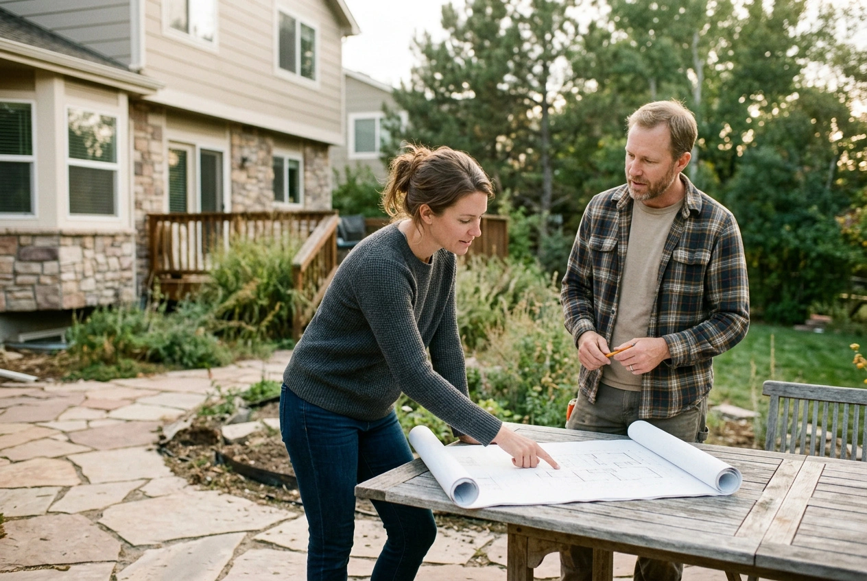 Denver homeowners reviewing a landscape design plan on a backyard patio table