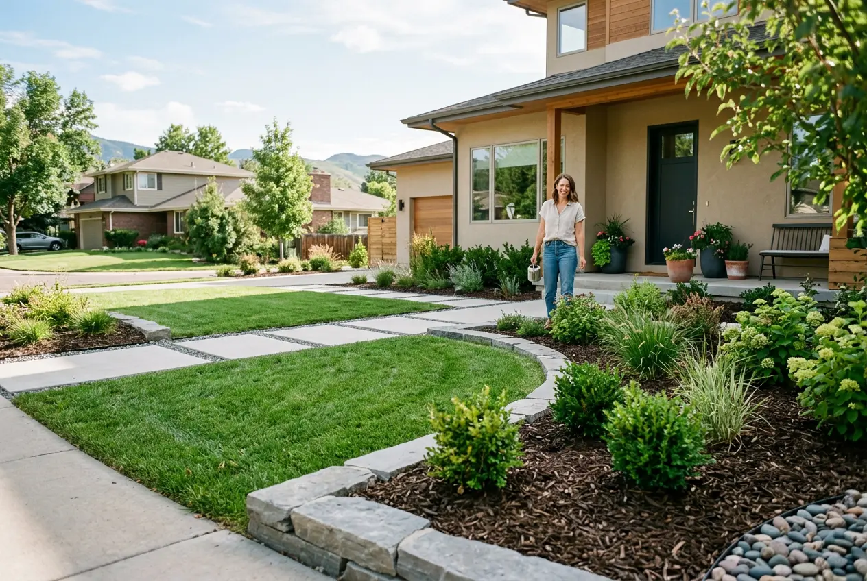 Denver front yard with fresh sod, mulched beds, and stone paver walkway