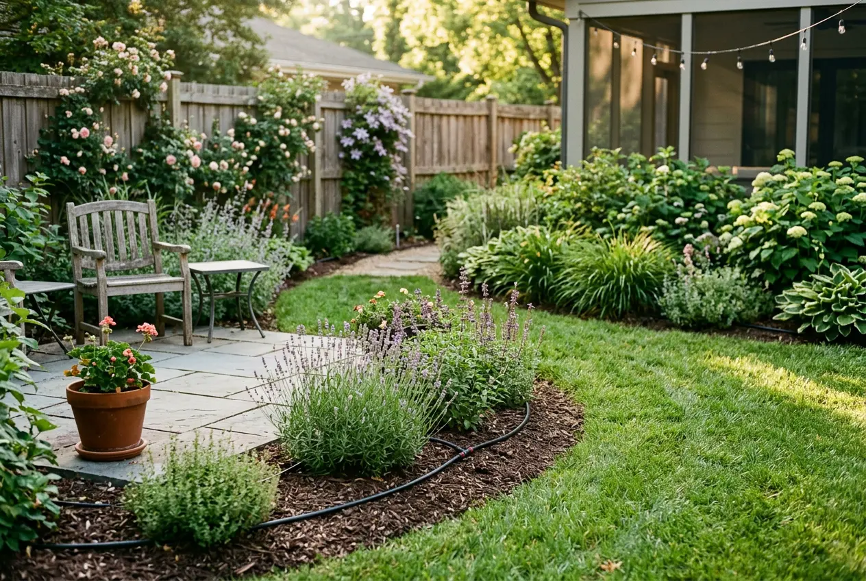 Backyard landscape with lawn, drip-irrigated planting beds, patio seating, and stone edging
