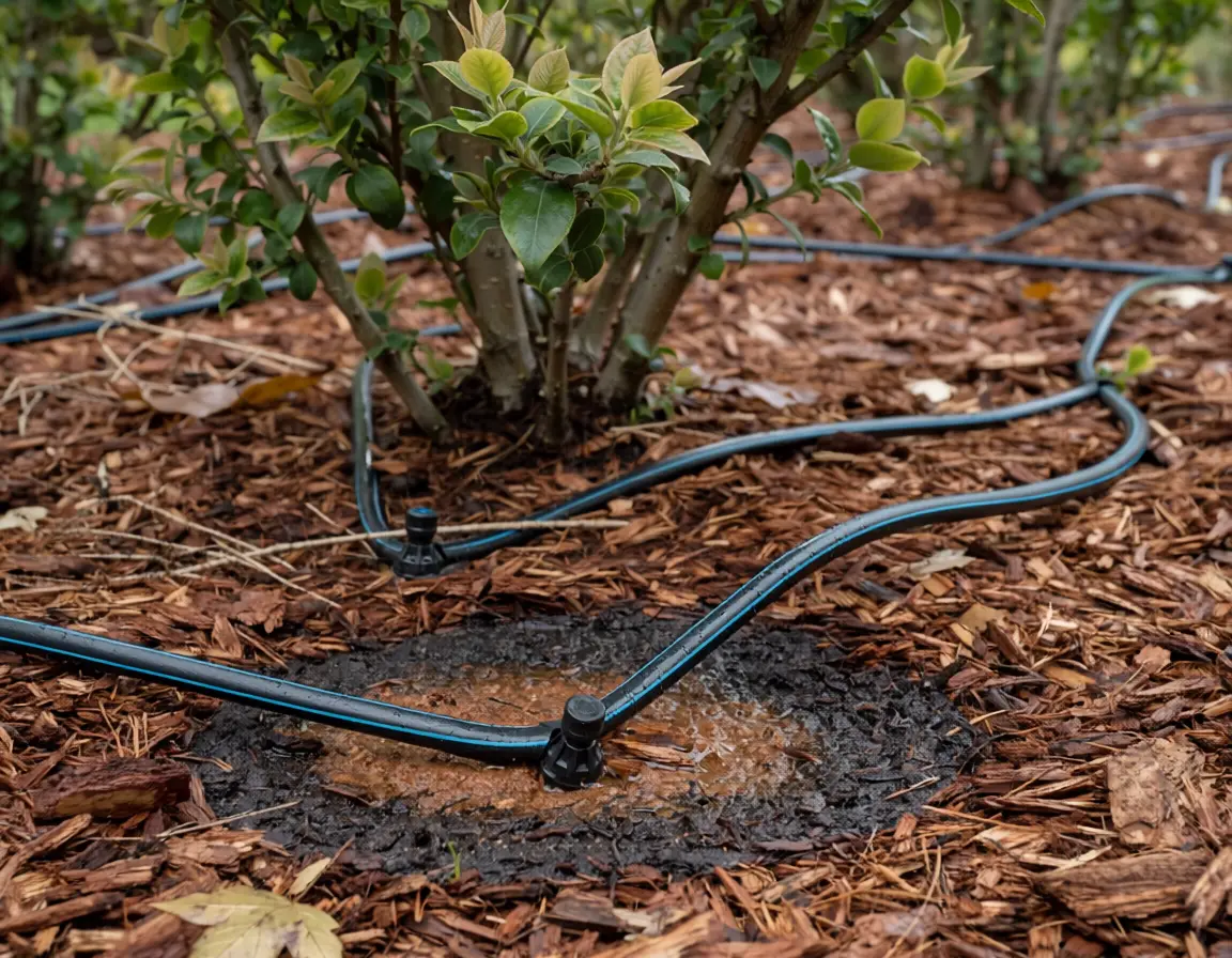Drip irrigation tubing installed around shrubs in a mulched bed