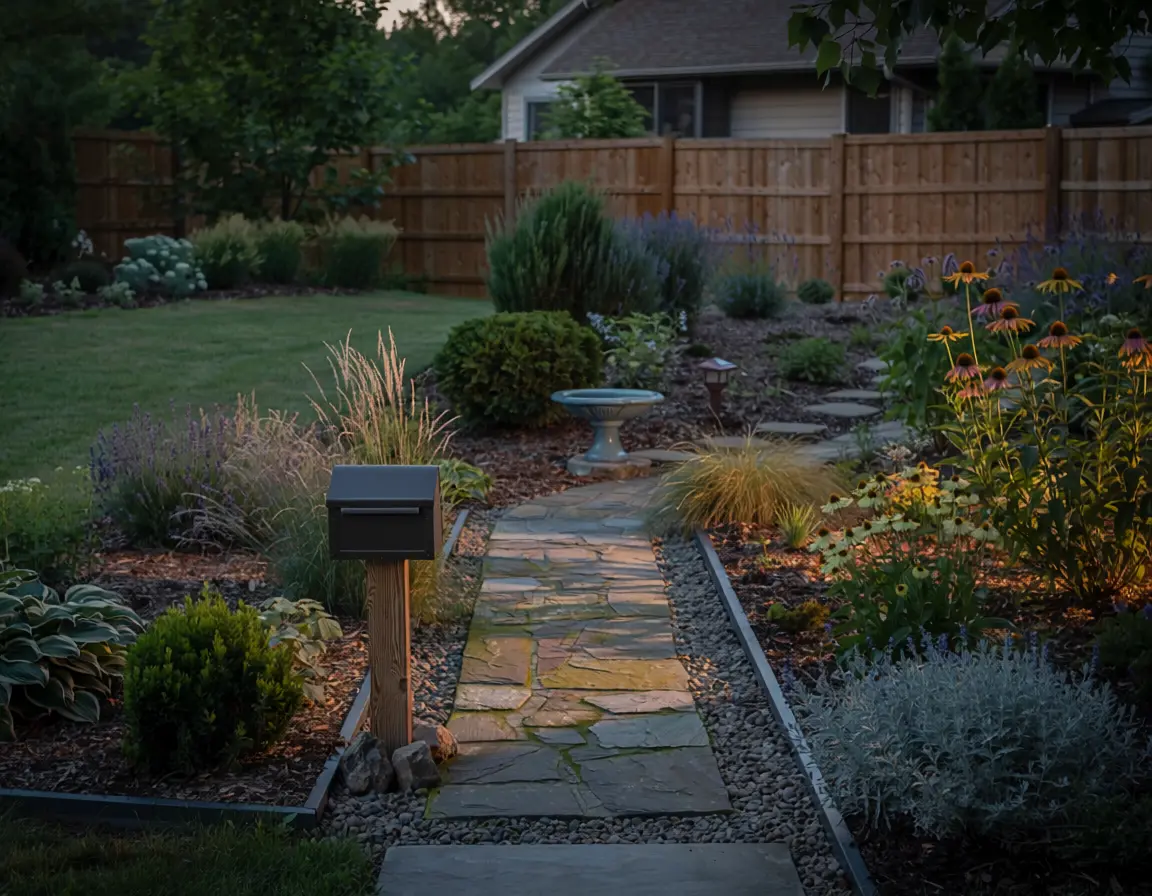 Landscaped backyard pathway with stone, plants, and lighting at dusk