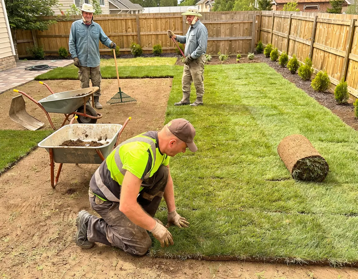 Landscaping crew installing fresh sod in a residential backyard