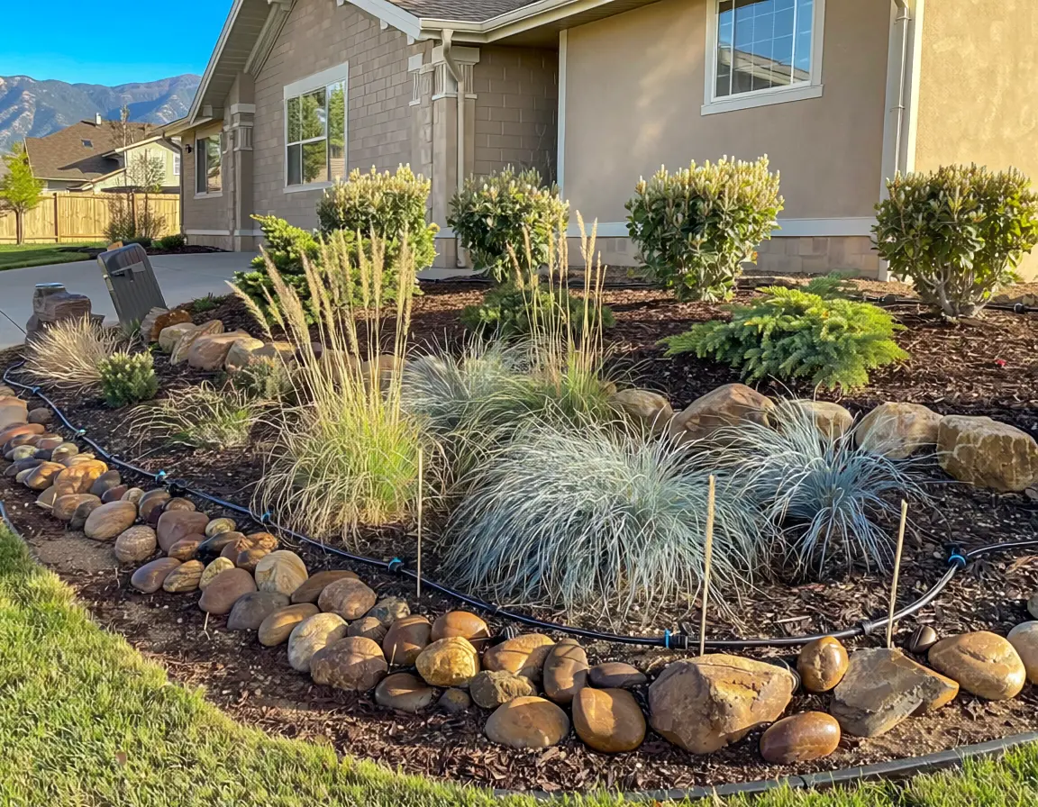 Water-smart landscape bed with decorative rock, ornamental grasses, shrubs, and drip irrigation