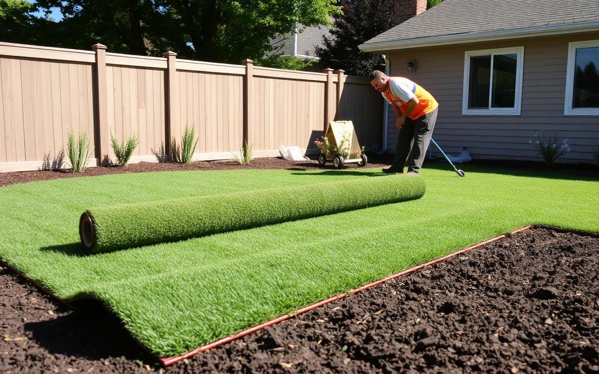 Landscaping crew installing fresh rolled sod over prepared soil in a residential backyard