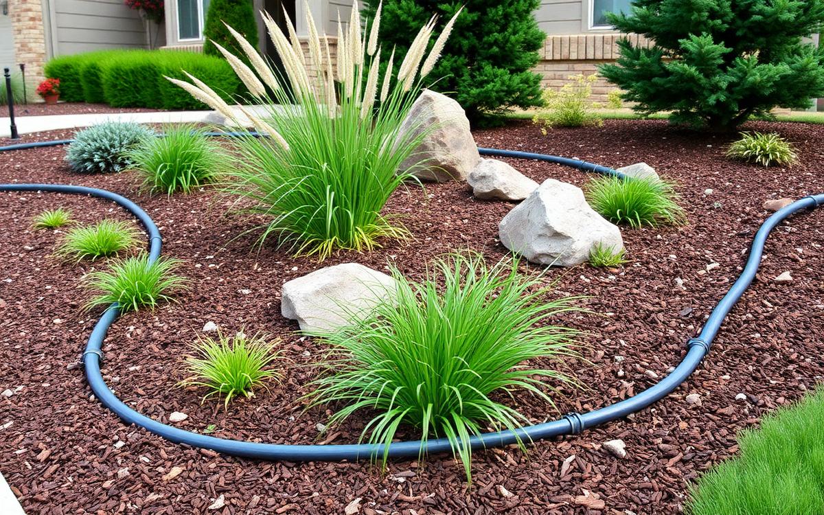 Water-smart landscape bed with mulch, ornamental grasses, decorative rock, and drip irrigation tubing