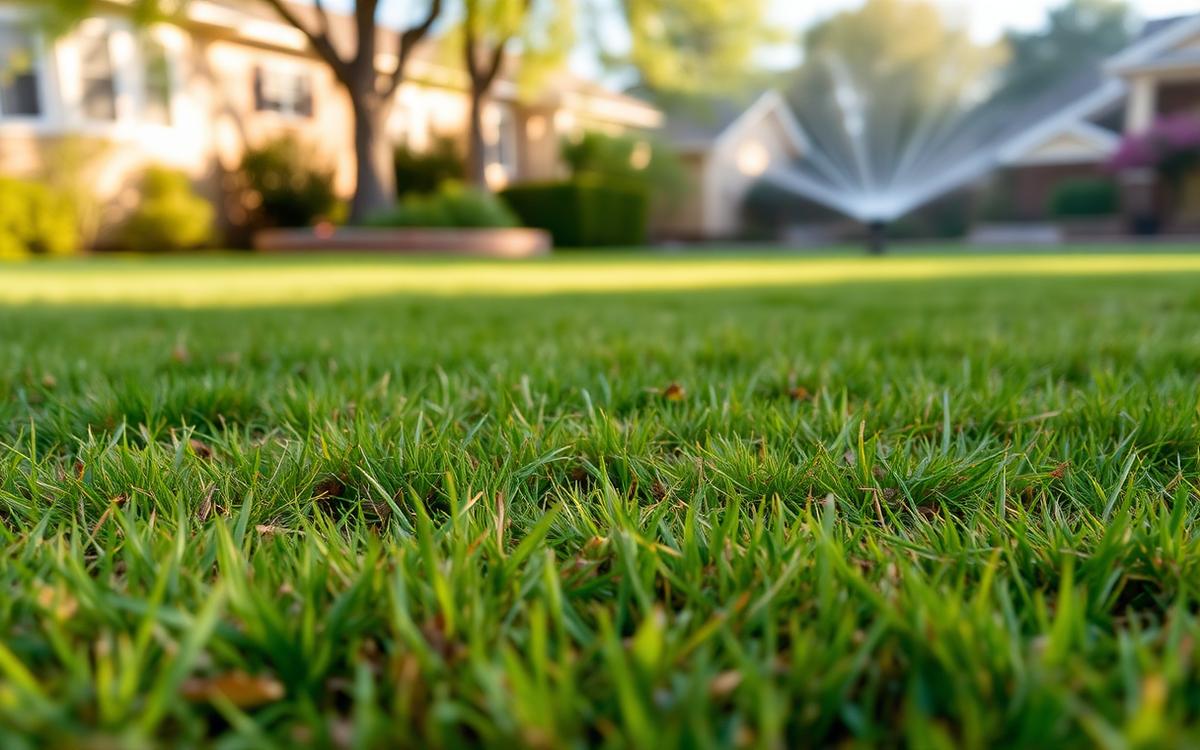 Denver suburban lawn with dry brown patches and a sprinkler running in the background