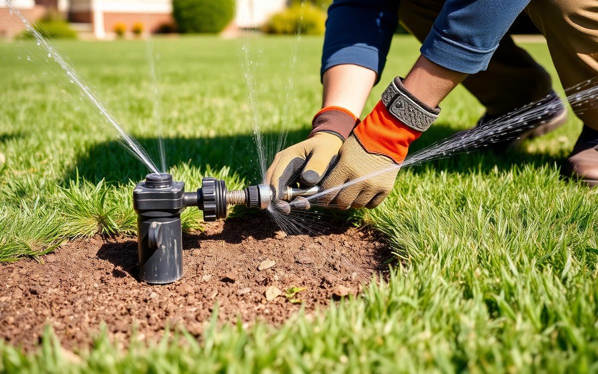 Technician in work gloves adjusting a sprinkler head next to a brown patch of grass