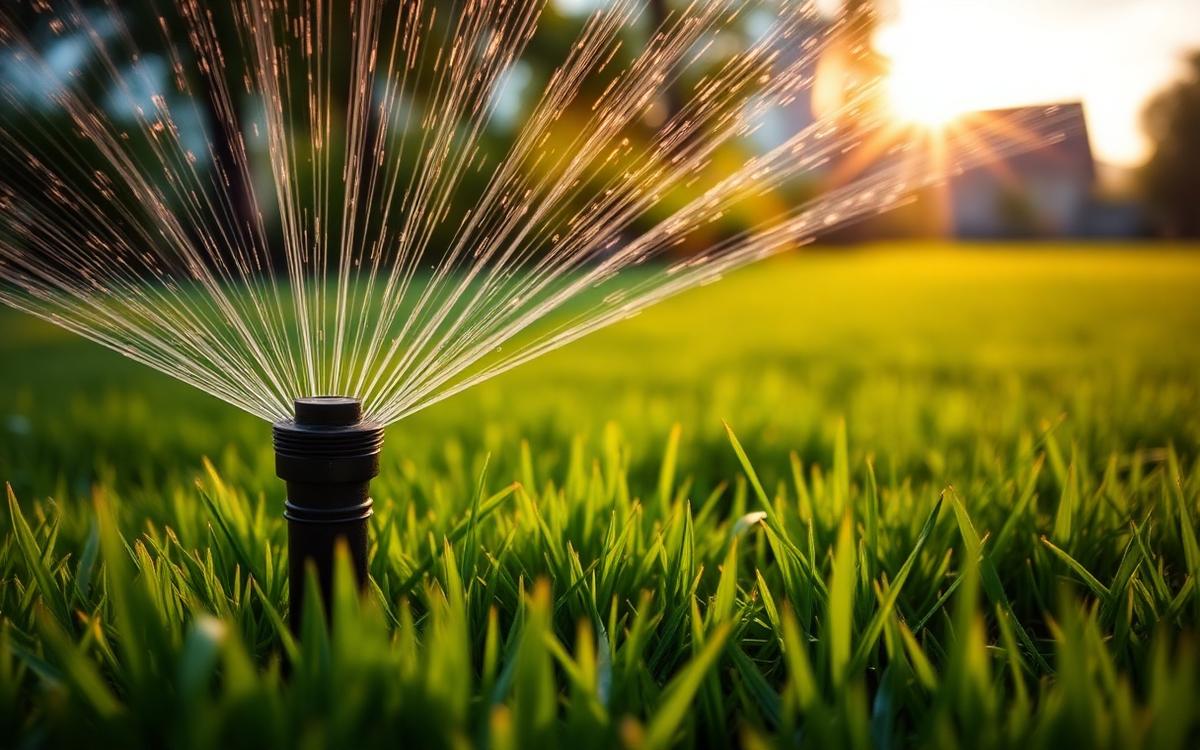 Close-up of a sprinkler head watering green grass evenly at sunrise on a Colorado lawn