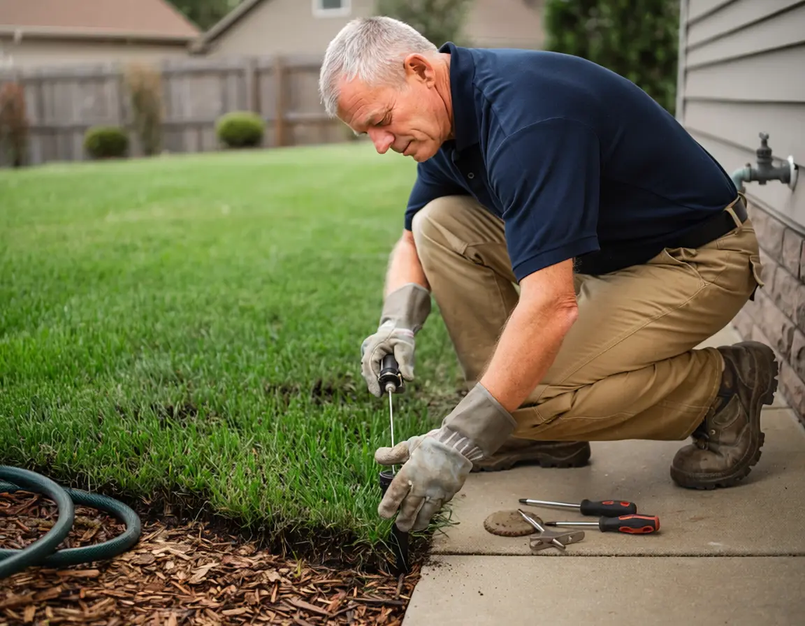 Technician inspecting and repairing a sprinkler head