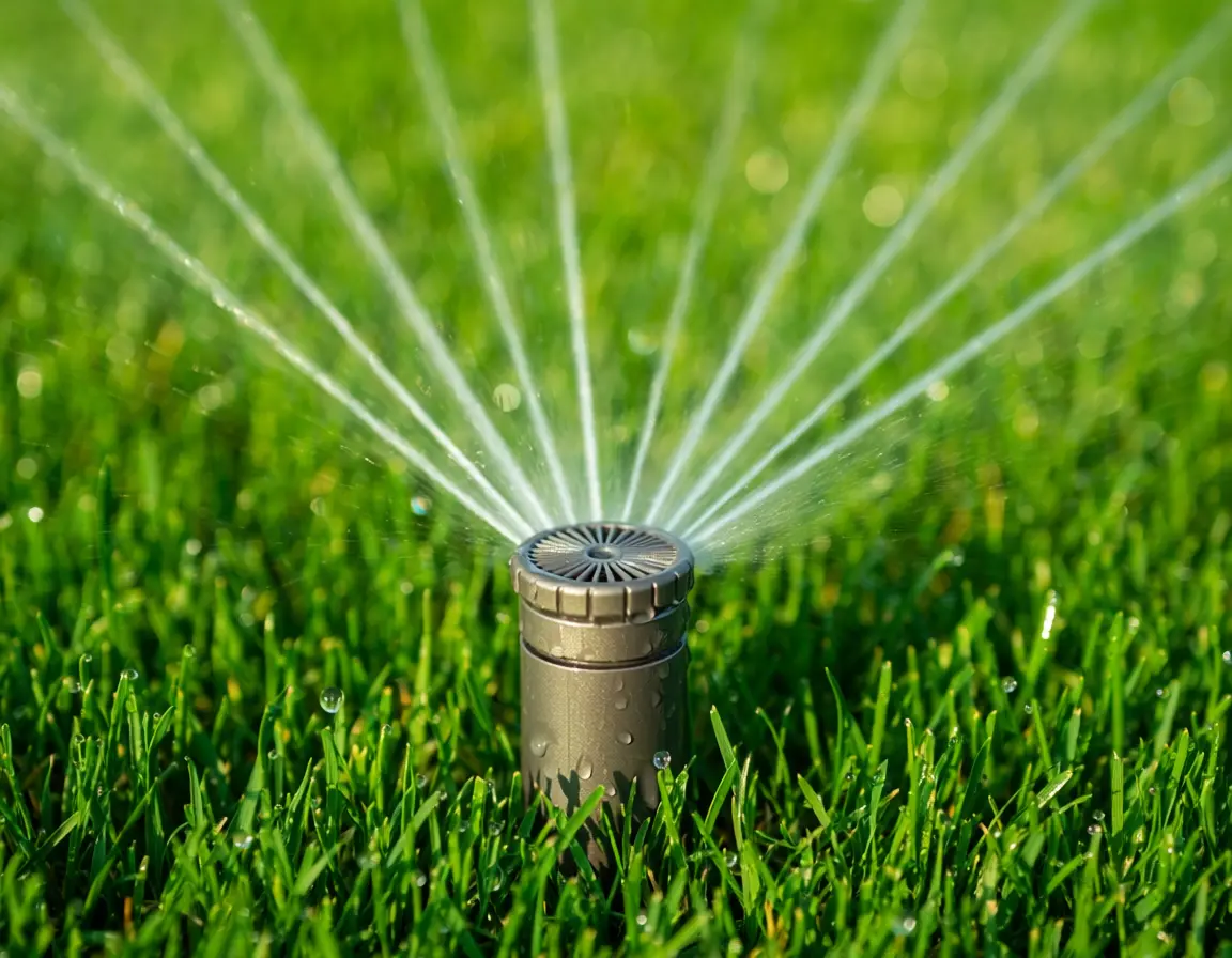 Sprinkler head watering a healthy green lawn