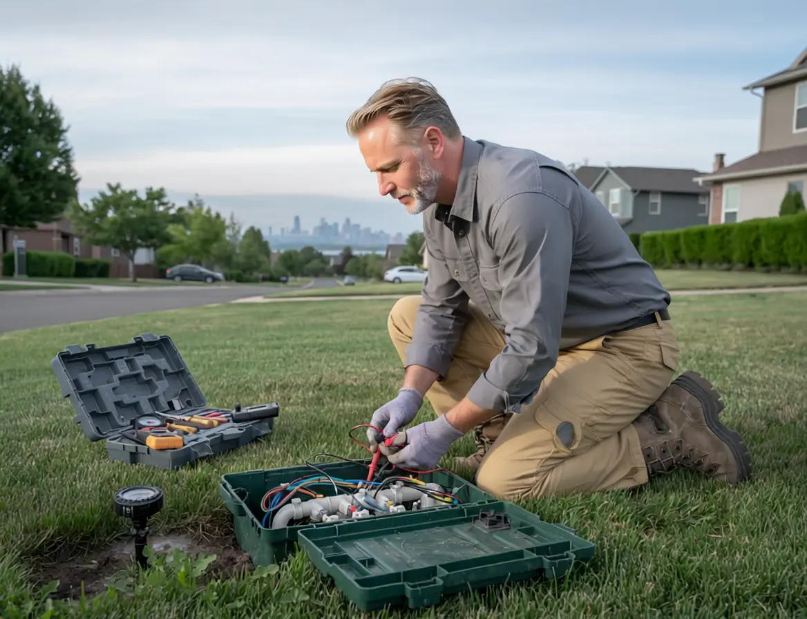 Technician diagnosing an irrigation valve box with Denver skyline in the background