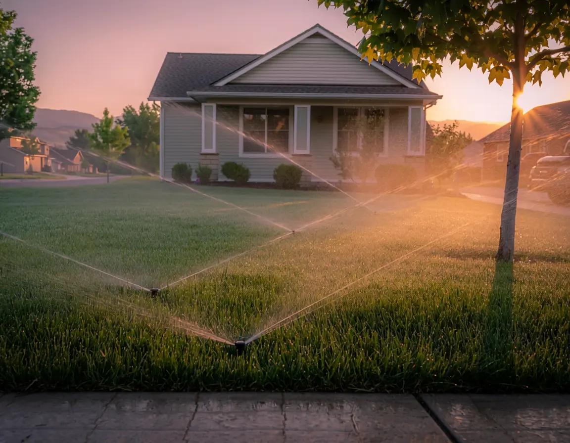 Sprinklers watering a healthy green lawn in front of a Denver-area home at sunset