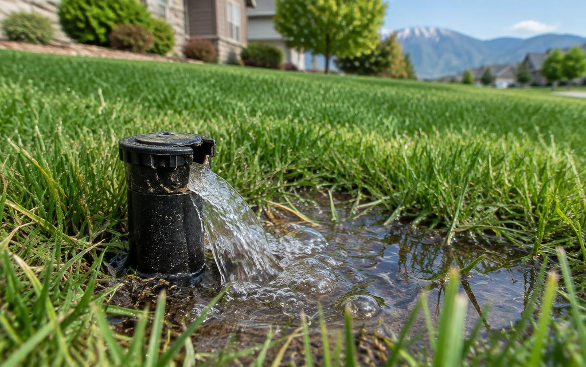 Water bubbling up from the base of a broken sprinkler head in a lawn