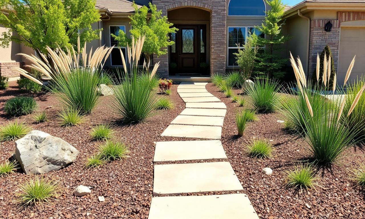 Denver front yard xeriscape with drought-tolerant plants, ornamental grasses, mulch, and a stone walkway